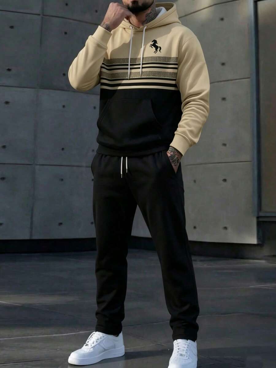 Conjunto de sudadera con capucha y pantalones con cordón casual de negocios para hombres, ropa de otoño - Multicolor - Ver 1