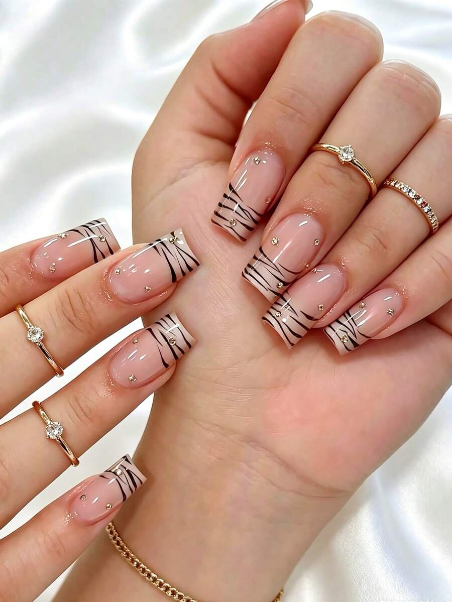 French Tip Press On Nails Square Fake Nails With Leopard Print Designs Glossy Glue On Acrylic Nails Nude Pink False Nail Press Ons For Women 24Pcs - Multicolor - View 1