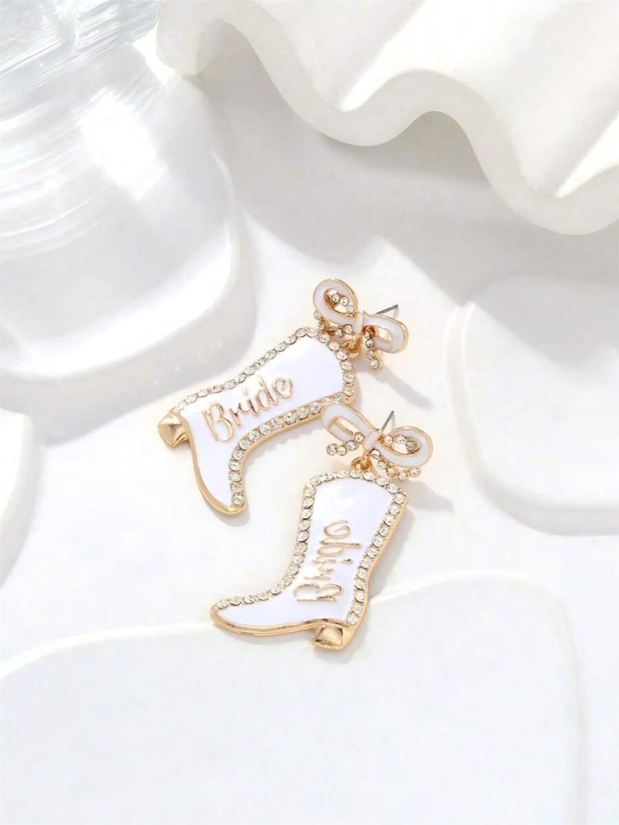 1 Pair Fashion Metal Enamel Bowknot Rhinestone Letter Boots Earrings Personalized Western Cowboy Boots Valentine's Day Wedding Season Ear Jewelry - Bowknot Diamond Letter Boot Earrings - View 1