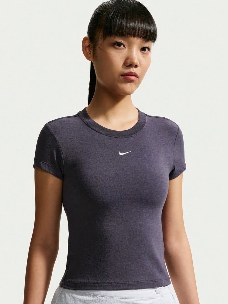 Nike Women's AS W NSW NK CHLL KNT MD CRP Short Sleeve T-Shirt Knit Collarless Short TFV5509-014 - Purple - View 1