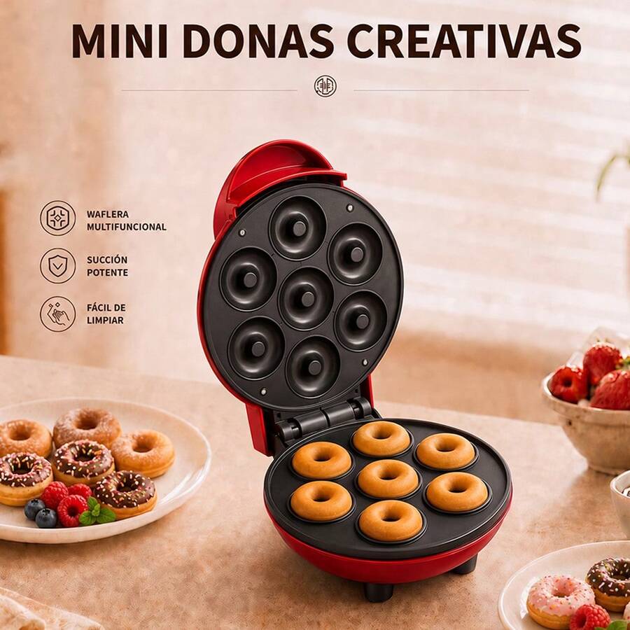 Máquina para Mini Donas Compacta 18*14*9cm Voltaje Universal 110-220V, Molde Antiadherente para Desayunos Postres y Detalles de Regalo - Rojo - Ver 1