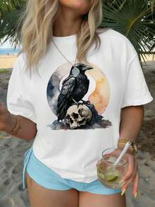 Women's Crow Skull Graphic T-Shirt, Soft Cotton, Relaxed Fit, Casual, Art Print. - White - View 1