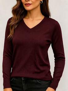 Long Sleeve Sweater - V-Neck - Burdeos - Ver 1