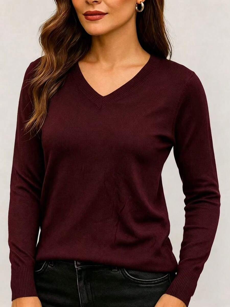 Long Sleeve Sweater - V-Neck - Burdeos - Ver 1