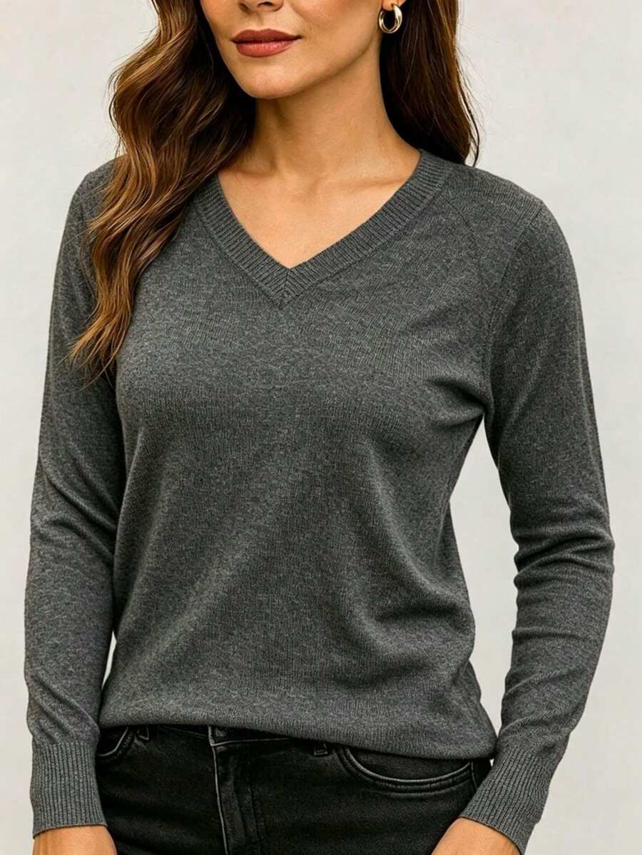 Long Sleeve Sweater - V-Neck - Gris oscuro - Ver 1