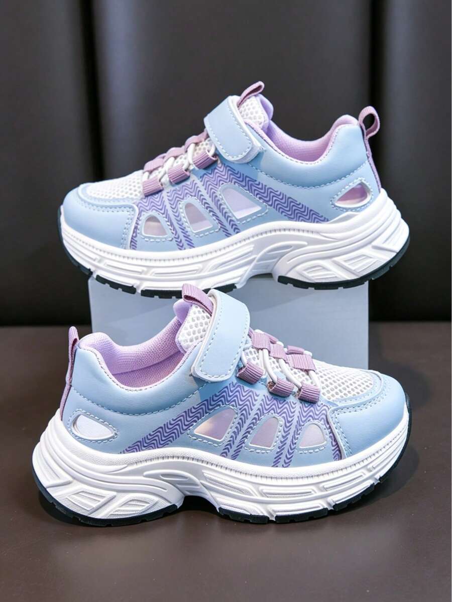 Children's Sports Hook And Loop Thick Sole Sneakers, Hollow Mesh Patchwork Color Block Walking Flat Training Shoes, Blue Lavender Color, Suitable For Daily School Activities