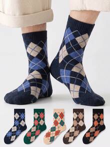 ZUJO 5 Pasang Kaos Kaki Pria Setengah Betis, Motif Berlian, Cocok untuk Pemakaian Sehari-hari, Sederhana dan Nyaman, Warna Acak - MultiWarna - View 1