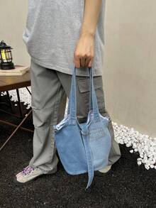 Vintage Colorblock Washed Canvas Tote Bag, Handheld & Crossbody, Cargo Style Style, Large Capacity Student Commuter Bag - Blue - View 3