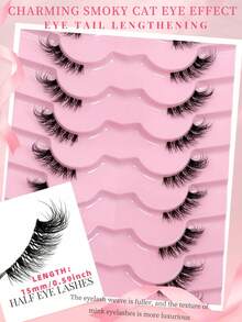 Half-Length False Eyelashes, Natural Cat Eye Makeup False Eyelashes, Sleeve-Style False Eyelashes, Natural Style Transparent Band False Eyelashes, Short Soft 3D Synthetic False Eyelashes, Lightweight Fluffy Synthetic False Eyelashes, Eyelash Extension Tool. - View 4