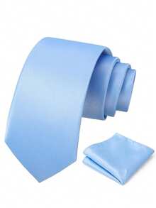 1 Set de Corbata Formal Clásica y Pañuelo de Bolsillo de unicolor para Hombre - Celeste - Ver 2