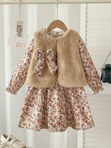Young Girls Autumn 2pcs Set Solid Color Faux Fur Bow Sleeveless Vest + Corduroy Casual Dress - Brown - View 5