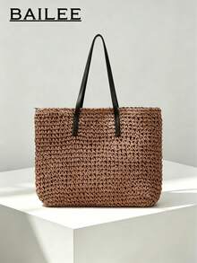 BAILEE Casual Minimalist Vacation Style Solid Color Knit Women's Large Capacity Double Handle Beach Bag, Versatile Gift Choice - Khaki - View 2