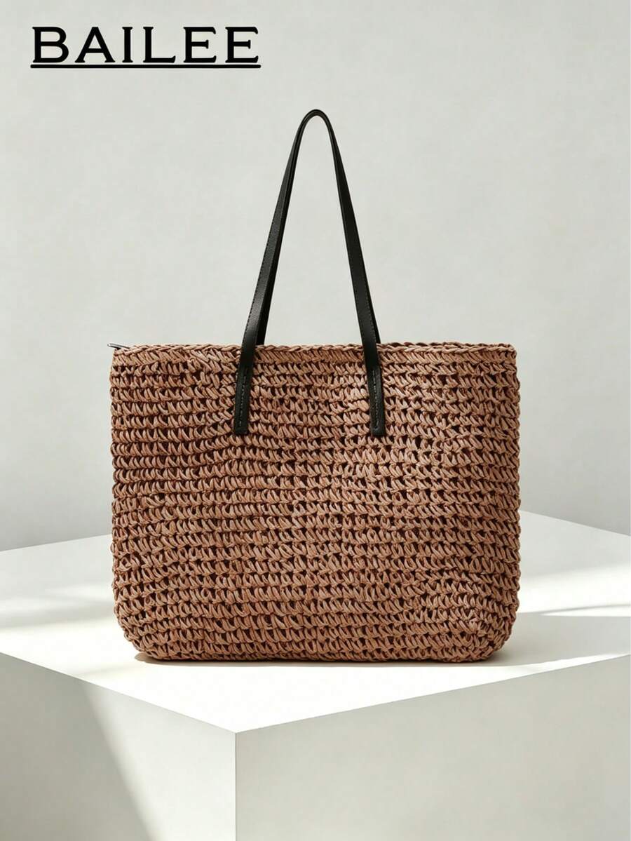 BAILEE Casual Minimalist Vacation Style Solid Color Knit Women's Large Capacity Double Handle Beach Bag, Versatile Gift Choice