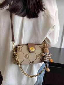 Khaki Letter Print Small Square Shoulder Bag, Dual Gold Chain & Leather Handle Strap, Metal Buckle Decor, Cute Rabbit Charm, Daily Handbag - Khaki - View 4