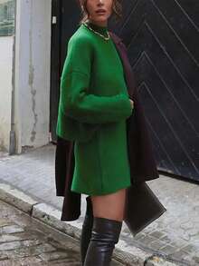 Lazy Street Style Knit Set, Half-High Neck Drop Shoulder Short Sweater + Elastic Waist Mini Skirt, Soft Casual Autumn/Winter Women's Matching Outfit - Green - View 9