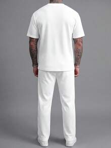 Vintage Waffle Knit Men's Casual Minimalist White Drawstring Short Sleeve Top And Long Pants 2 Pieces Set - White - View 2