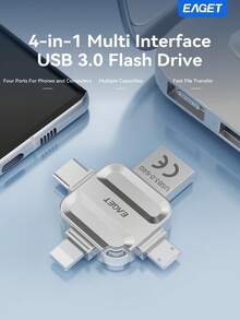 EAGET 4-In-1 High Speed USB3.0 Memory Stick Multi Port Storage Drive For Cellphone Tablet Computer - Silver - View 2