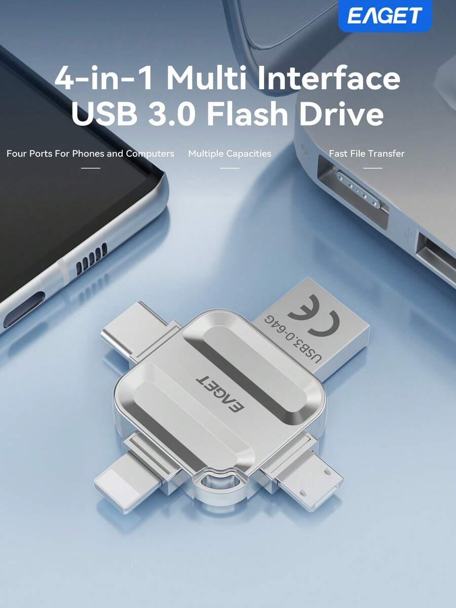 EAGET 4-In-1 High Speed USB3.0 Memory Stick Multi Port Storage Drive For Cellphone Tablet Computer