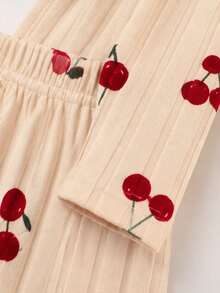 2pcs/Set Baby Girl Comfortable Cute Spring/Autumn New Ribbed Fuzzy Cherry Waist-Cinching Long Sleeve Top And Pants Set - Apricot - View 4