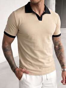 ZYNTH BALENO Men's Summer Fashion Patchwork Slim Fit Regular Shoulder Airplane Collar Short Sleeve T-Shirt, Essential For Summer Sports - Apricot - View 8