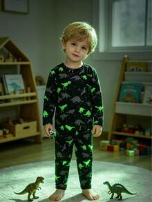 Young Boy Casual Long Sleeve & Long Pants Set, Cartoon Dinosaur Glow-In-The-Dark Print, Fashionable Stylish For Spring/Summer - Black - View 1