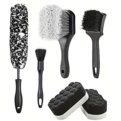 Kit de nettoyage de roues de voiture 6 pièces, brosse à pneus, brosse à jantes à poils souples, brosse de détail, brosse à roues plate en microfibre, tampons de détail, sans rayures et polyvalent