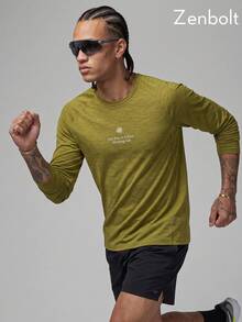 Zenbolt Men's Crew Neck Long Sleeve Top, Raglan Sleeve Cut, Chest Slogan Letter Print,Heather Soft Fabric, Slim Fit For Daily Casual Matching - Olive Green - View 6
