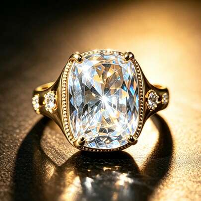Women's Luxury 18K Gold Plated Vintage 8-Point Star 10 Carat Cushion Cut High Carbon Zirconia Ring Wedding Evening Jewelry