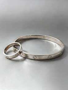Bộ 1/2 chiếc vòng tay và nhẫn hình cỏ bốn lá mạ vàng 18K bằng thép không gỉ, đính đá quý, phụ kiện trang sức cưới cao cấp. - Bạc - Xem 2