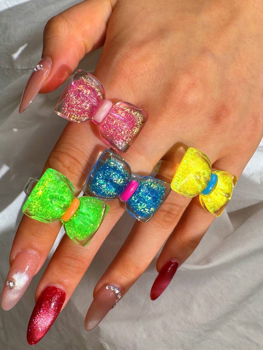 4件/組可愛時尚個性獨特蝴蝶結多色戒指套組,女性日常穿著度假派對珠寶 - 彩色 - 查看 1