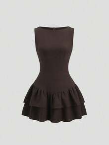 Marrón Oscuro,Verano,Elegante,Vestido Mini Vintage Boho de Té sin Mangas con Doble Capa de Volantes en Línea A,Vacaciones Cita Festival de Música Trabajo Desplazamiento - Café - Ver 8
