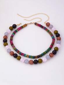 1/2Pcs Multi Beaded Necklace For Women, Semi Precious Stone & Acrylic Bead Strand Choker, Vintage Statement Jewelry For Daily(Random Color) - Multicolor - View 10