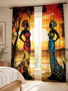 2pcs High-Definition Digital Bohemian African Exotic Print Decorative Curtains, Women Silhouette Totem Pattern Design, Polyester Material, Rod Pocket Design, Easy To Hang, Semi-Transparent Privacy Protection, Machine Washable And Hand Washable, Vintage Bohemian Living Room Bedroom Curtains, Suitable For Bedroom, Living Room, Kitchen, Closet, Study, Home Decor. - Multicolor - View 5