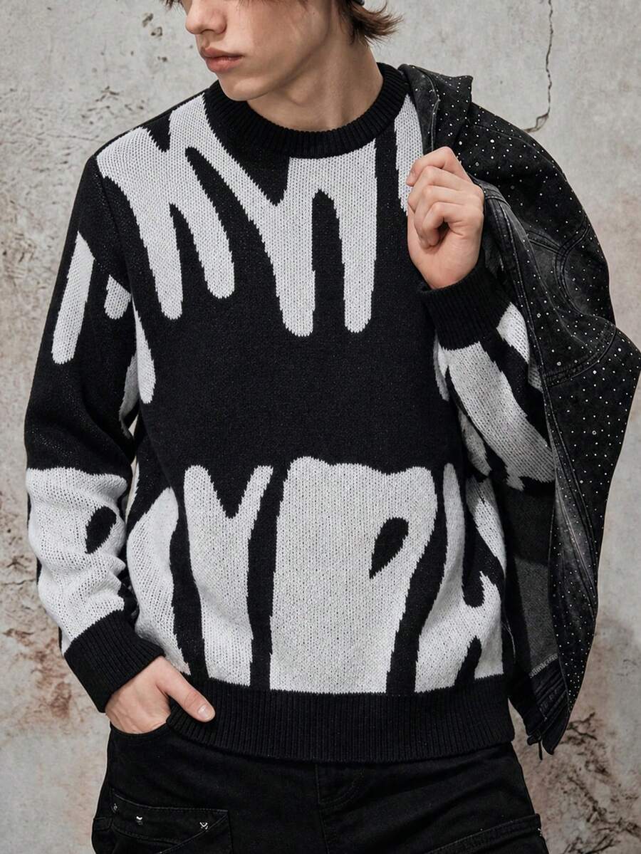 1pc Teen Boy Teenager Back To School Season Colorblock Casual Pullover Sweater Spring Autumn Winter - Black - View 1