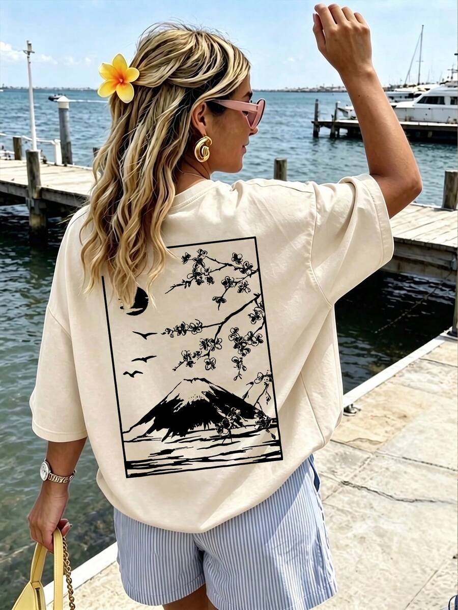 Neuer Sommer Minimalistischer, modischer Floral- & Schmetterlings-Muster Casual Rundhals Kurzarm-Shirt, vielseitig tragbar für denäglichen Gebrauch von Frauen - Aprikosenfarben 3 - Übersicht 1