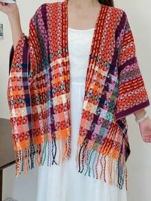 1pc Vintage Plaid Shawl, Thick Warm Tassel Scarf, Cardigan-Style Cape For Autumn/Winter - Red - View 5