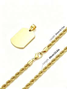 Gold Plated Blank Dog Tag Pendant Necklace, Engravable Stainless Steel Plain Rectangular Charm With Twist Rope Chain, Birthday & Daily Wear Gifts - Gold - View 2