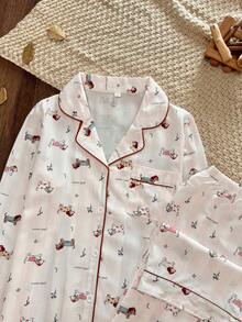 Women's Cartoon Dachshund Print Pajama Set - Long Sleeve Button-Up Top With Pants, Soft And Breathable, Cute Loungewear - White - View 4