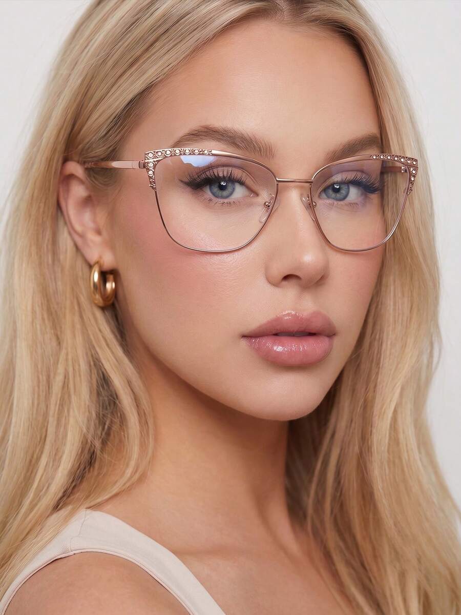 1 Pair Women's Metal Spring Temple Rhinestone Inlaid Vintage Exquisite Fashion Plain Lens Glasses - Pink Rose Gold - View 1