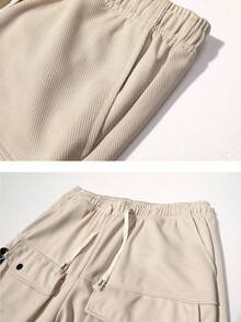 Men's Beige Cargo Jogger Pants, Elastic Drawstring Flap Pockets, Contrast Zigzag Webbing & Label Patch, Loose Street Casual Everyday Long Pants - Khaki - View 6