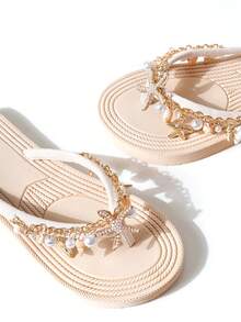 Women's Wide Fit Flat Flip Flop Sandals, Soft Sole, Decorated With Natural Shells, Starfish And Faux Pearl Charms, Casual Soft Summer Beach Style - Beige - View 8