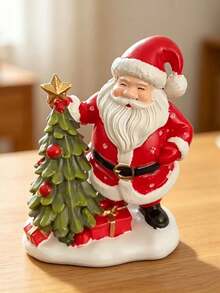 Christmas Resin Santa Figurine With Mini Xmas Tree, Golden Star & Gift Box, Snowy Base Desktop Decor, Ideal Holiday Gift For Home Office Party - View 6