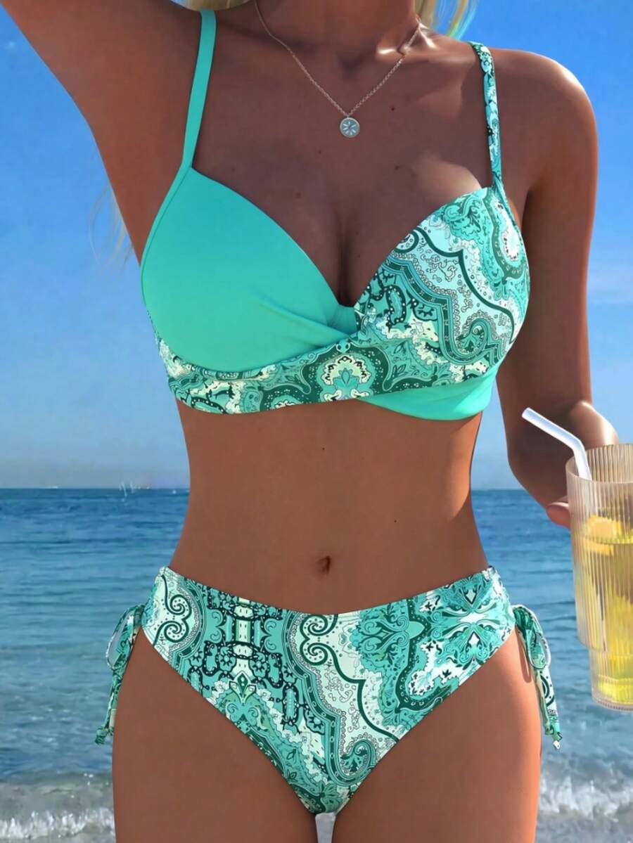 Women's Mint Green Paisley Pattern Bikini Set, Side Tie Swimsuit, Suitable For Summer Beach Vacation - Multicolor - View 1