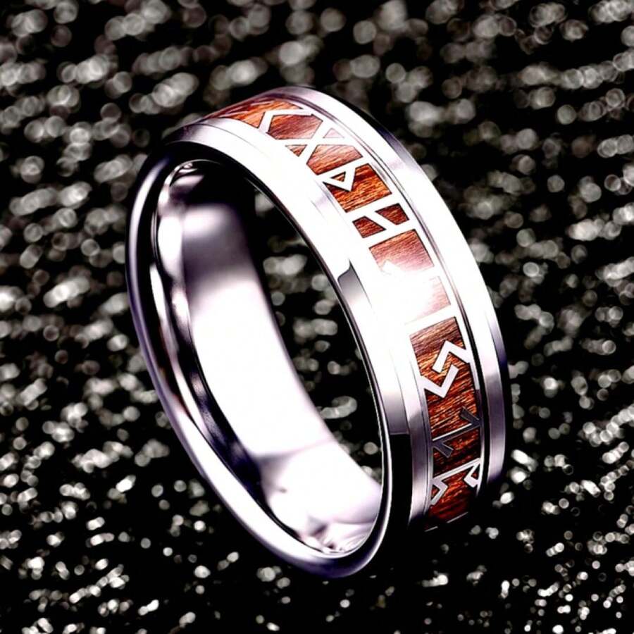 Wood Inlay Nordic Rune Wide Ring, Vintage Retro Band For Business, Outdoor Travel & Men's Anniversary Holiday Gift - Silver Viking Rune Wood Grain Ring - View 1
