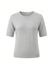 Knit Mix 優雅女款春秋時尚休閒通勤風素色羅紋針織短袖圓領套頭T恤上衣 - 淺灰 - 查看 7