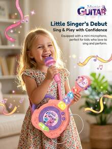 Children's Guitar With Microphone, Flashing Lights And Music Karaoke Function, Supports Phone Connection For Simulated Instrument Performance, Interactive Early Education Educational Toy Suitable For Boys And Girls Party Games, Holiday Halloween Christmas Birthday Festival Gift (Button Color Is Random) - Multicolor - View 3