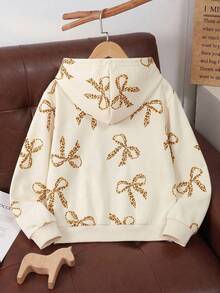 Baby Girl Autumn Thin Bow All-Over Print Ribbed Long Sleeve Apricot Hooded Jacket Children's Zipper Pocket Casual Fashion Cardigan Spring Top - Apricot - View 3