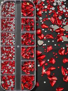 2 Boxes/Set 24 Compartments Christmas Luxury Green/Red Nail Art Rhinestones SS4-SS6 Mixed Green & Red Nail Charms Multiple Shapes + Round Nail Jewelry - Baby Pink - View 7