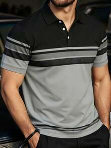 Camisa polo de manga corta con estampado de rayas y parches retro para hombres - Multicolor - Ver 2