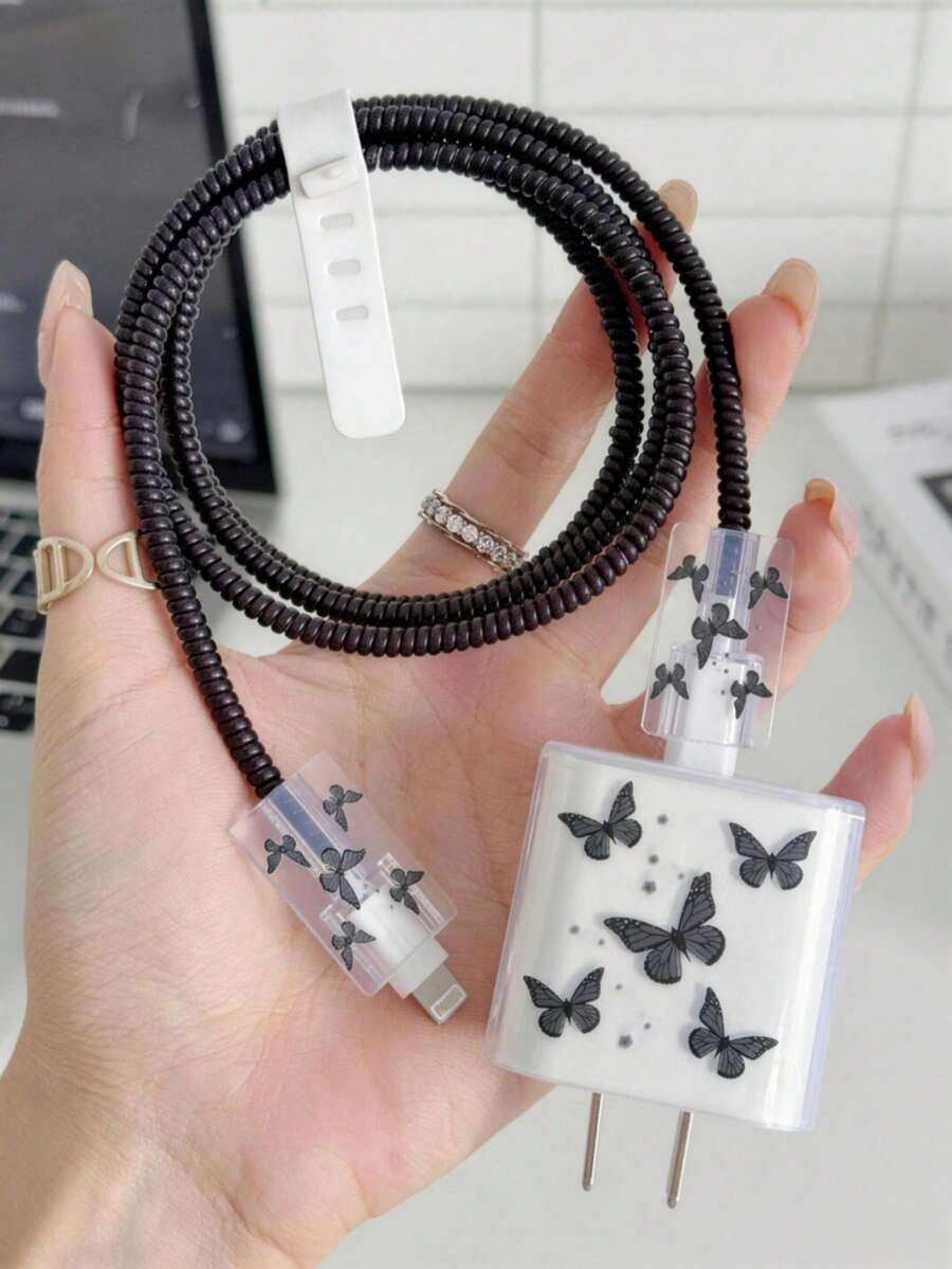 5pcs Painted Black Butterfly Design Phone Charger Set, Compatible With IPhone 18W/20W Charger, Charging Cable Protector, Charger Head Protector, Charger Accessories, Anti-Dirt, Prevent Cable Ends From Breaking - Black Hot Butterfly - View 1
